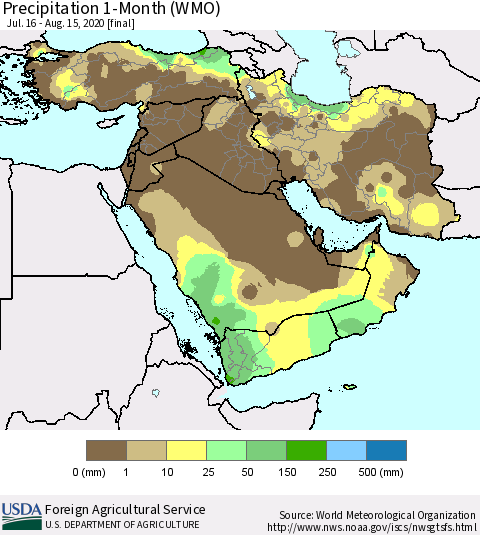 Middle East and Turkey Precipitation 1-Month (WMO) Thematic Map For 7/16/2020 - 8/15/2020
