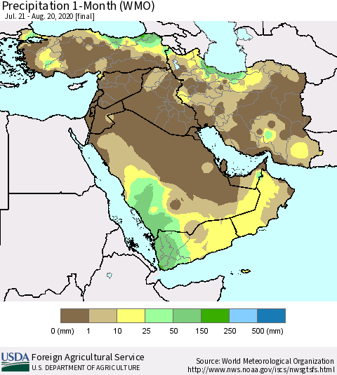 Middle East and Turkey Precipitation 1-Month (WMO) Thematic Map For 7/21/2020 - 8/20/2020