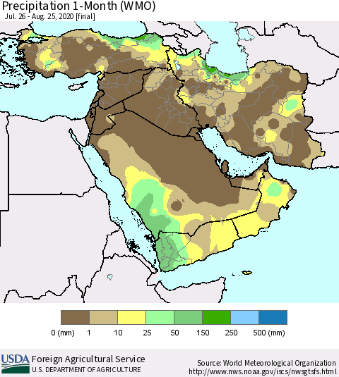 Middle East and Turkey Precipitation 1-Month (WMO) Thematic Map For 7/26/2020 - 8/25/2020