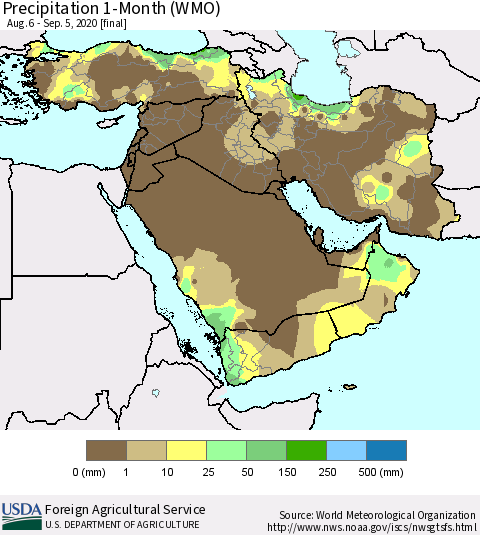 Middle East and Turkey Precipitation 1-Month (WMO) Thematic Map For 8/6/2020 - 9/5/2020