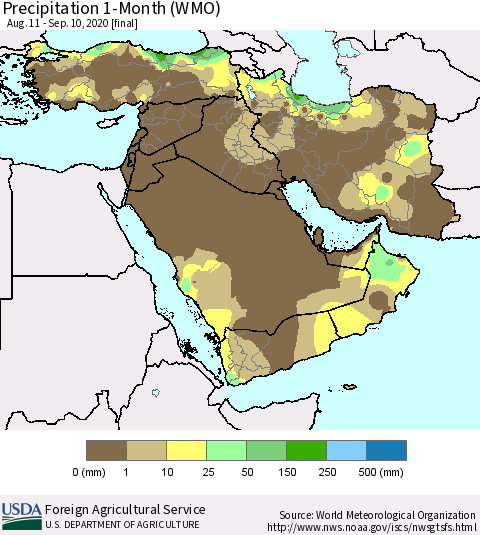 Middle East and Turkey Precipitation 1-Month (WMO) Thematic Map For 8/11/2020 - 9/10/2020