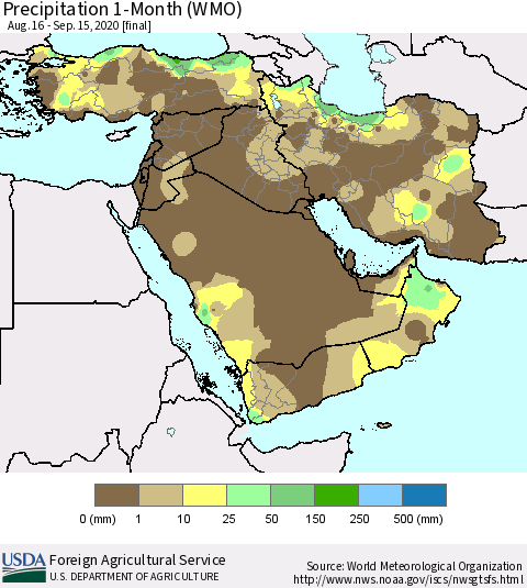 Middle East and Turkey Precipitation 1-Month (WMO) Thematic Map For 8/16/2020 - 9/15/2020