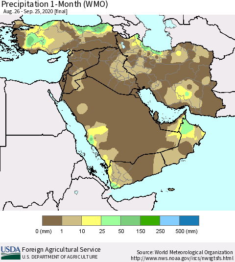 Middle East and Turkey Precipitation 1-Month (WMO) Thematic Map For 8/26/2020 - 9/25/2020