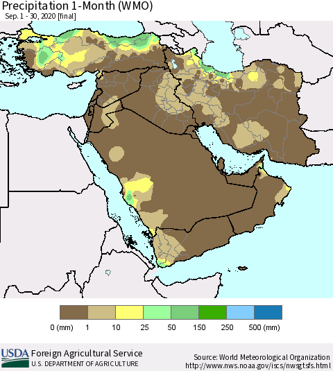 Middle East and Turkey Precipitation 1-Month (WMO) Thematic Map For 9/1/2020 - 9/30/2020