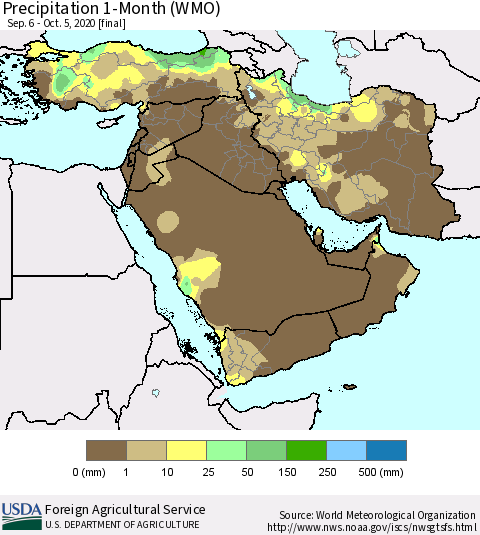 Middle East and Turkey Precipitation 1-Month (WMO) Thematic Map For 9/6/2020 - 10/5/2020