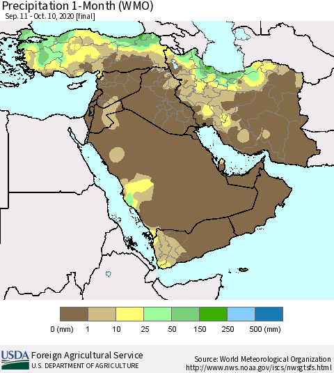 Middle East and Turkey Precipitation 1-Month (WMO) Thematic Map For 9/11/2020 - 10/10/2020