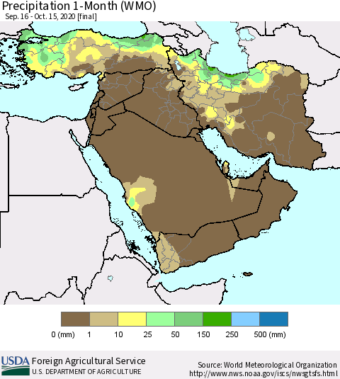 Middle East and Turkey Precipitation 1-Month (WMO) Thematic Map For 9/16/2020 - 10/15/2020