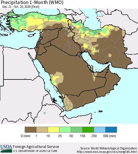 Middle East and Turkey Precipitation 1-Month (WMO) Thematic Map For 9/21/2020 - 10/20/2020