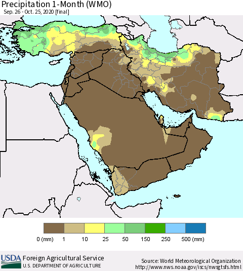 Middle East and Turkey Precipitation 1-Month (WMO) Thematic Map For 9/26/2020 - 10/25/2020