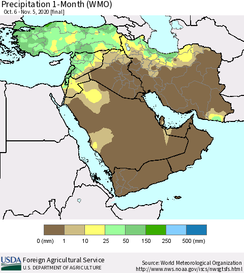 Middle East and Turkey Precipitation 1-Month (WMO) Thematic Map For 10/6/2020 - 11/5/2020