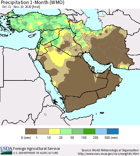 Middle East and Turkey Precipitation 1-Month (WMO) Thematic Map For 10/11/2020 - 11/10/2020