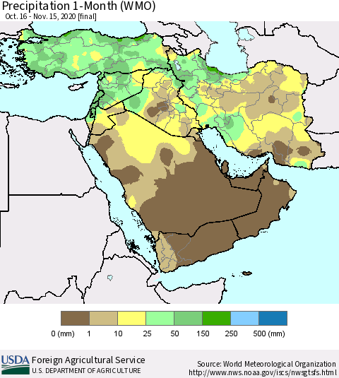 Middle East and Turkey Precipitation 1-Month (WMO) Thematic Map For 10/16/2020 - 11/15/2020
