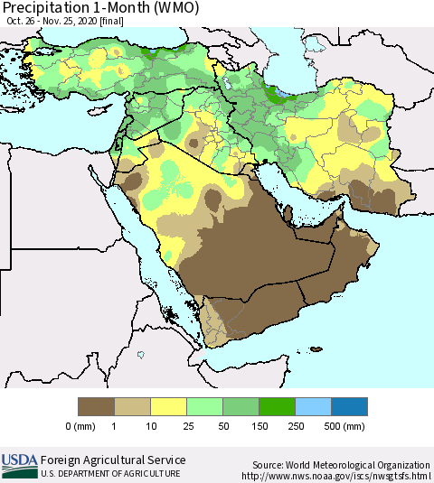 Middle East and Turkey Precipitation 1-Month (WMO) Thematic Map For 10/26/2020 - 11/25/2020
