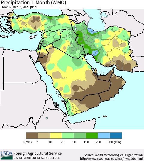 Middle East and Turkey Precipitation 1-Month (WMO) Thematic Map For 11/6/2020 - 12/5/2020