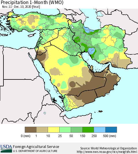 Middle East and Turkey Precipitation 1-Month (WMO) Thematic Map For 11/11/2020 - 12/10/2020
