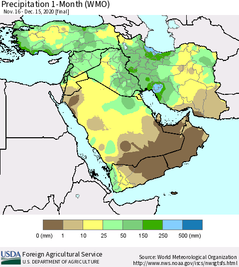 Middle East and Turkey Precipitation 1-Month (WMO) Thematic Map For 11/16/2020 - 12/15/2020