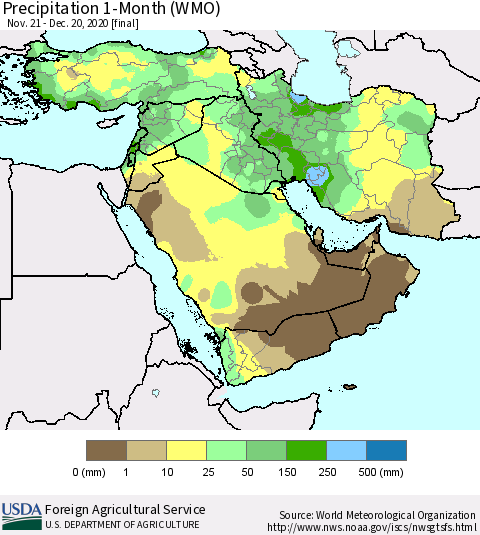 Middle East and Turkey Precipitation 1-Month (WMO) Thematic Map For 11/21/2020 - 12/20/2020