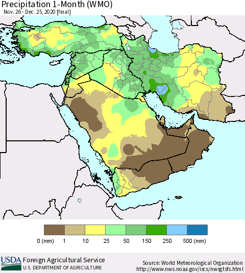 Middle East and Turkey Precipitation 1-Month (WMO) Thematic Map For 11/26/2020 - 12/25/2020
