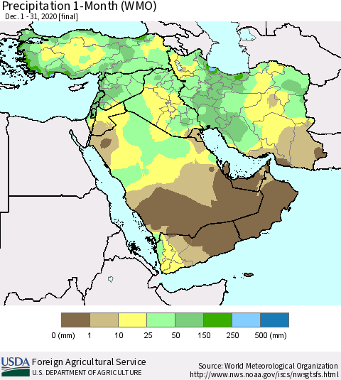 Middle East and Turkey Precipitation 1-Month (WMO) Thematic Map For 12/1/2020 - 12/31/2020
