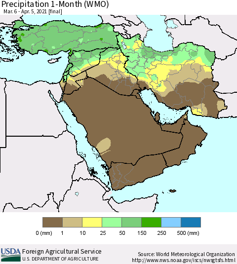 Middle East and Turkey Precipitation 1-Month (WMO) Thematic Map For 3/6/2021 - 4/5/2021