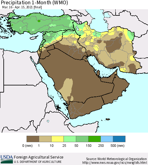 Middle East and Turkey Precipitation 1-Month (WMO) Thematic Map For 3/16/2021 - 4/15/2021