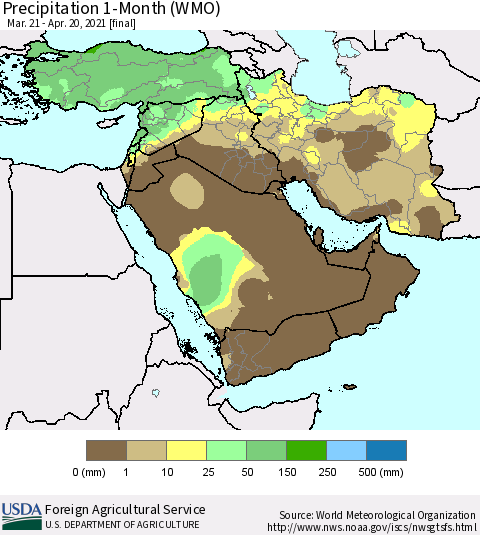 Middle East and Turkey Precipitation 1-Month (WMO) Thematic Map For 3/21/2021 - 4/20/2021