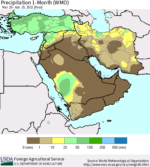 Middle East and Turkey Precipitation 1-Month (WMO) Thematic Map For 3/26/2021 - 4/25/2021