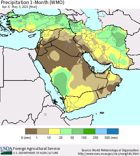 Middle East and Turkey Precipitation 1-Month (WMO) Thematic Map For 4/6/2021 - 5/5/2021