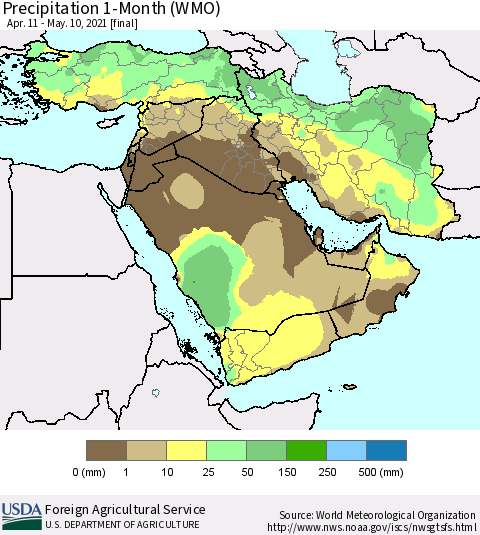 Middle East and Turkey Precipitation 1-Month (WMO) Thematic Map For 4/11/2021 - 5/10/2021