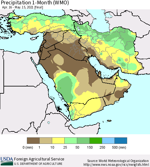 Middle East and Turkey Precipitation 1-Month (WMO) Thematic Map For 4/16/2021 - 5/15/2021