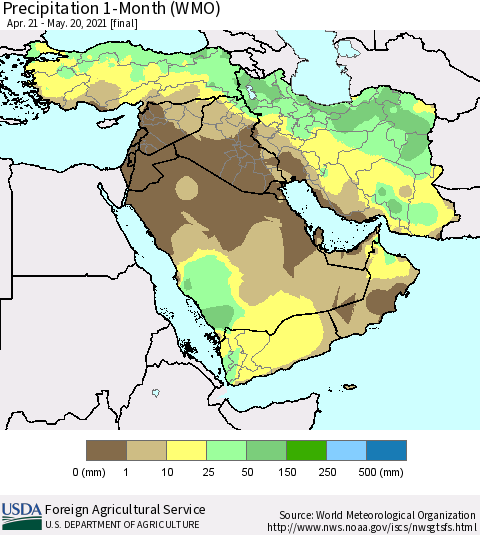 Middle East and Turkey Precipitation 1-Month (WMO) Thematic Map For 4/21/2021 - 5/20/2021