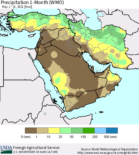 Middle East and Turkey Precipitation 1-Month (WMO) Thematic Map For 5/1/2021 - 5/31/2021