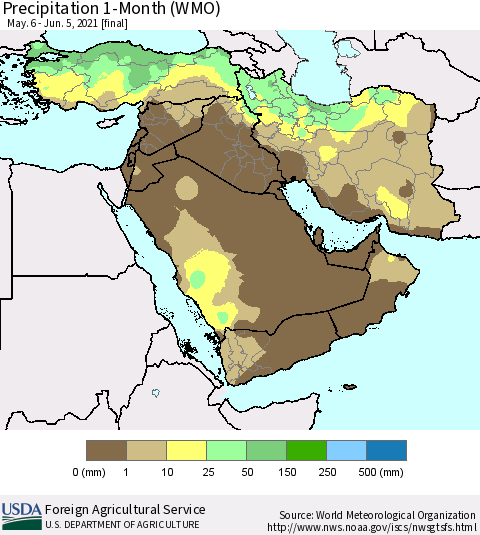 Middle East and Turkey Precipitation 1-Month (WMO) Thematic Map For 5/6/2021 - 6/5/2021