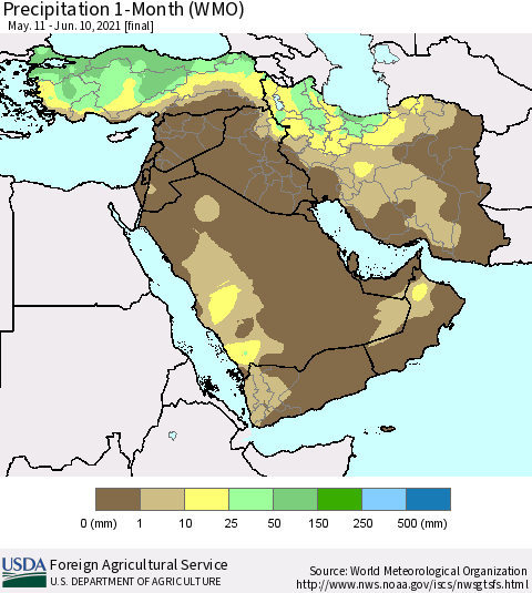 Middle East and Turkey Precipitation 1-Month (WMO) Thematic Map For 5/11/2021 - 6/10/2021