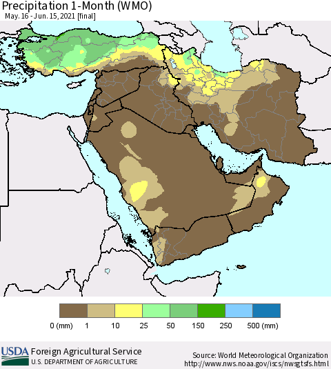 Middle East and Turkey Precipitation 1-Month (WMO) Thematic Map For 5/16/2021 - 6/15/2021