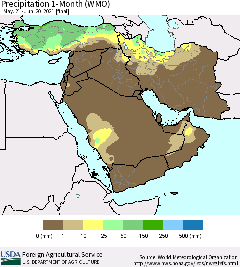 Middle East and Turkey Precipitation 1-Month (WMO) Thematic Map For 5/21/2021 - 6/20/2021