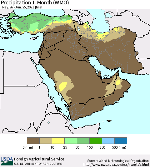 Middle East and Turkey Precipitation 1-Month (WMO) Thematic Map For 5/26/2021 - 6/25/2021