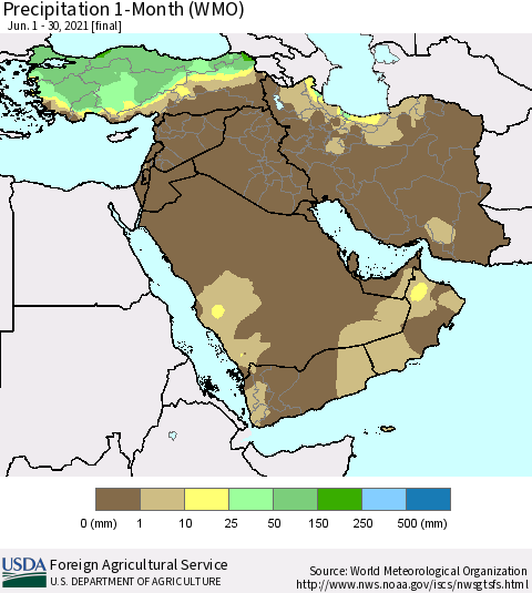 Middle East and Turkey Precipitation 1-Month (WMO) Thematic Map For 6/1/2021 - 6/30/2021