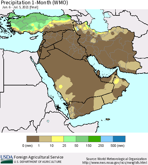 Middle East and Turkey Precipitation 1-Month (WMO) Thematic Map For 6/6/2021 - 7/5/2021