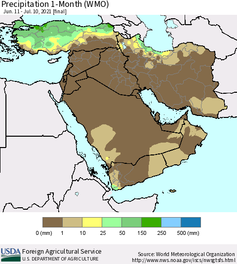 Middle East and Turkey Precipitation 1-Month (WMO) Thematic Map For 6/11/2021 - 7/10/2021