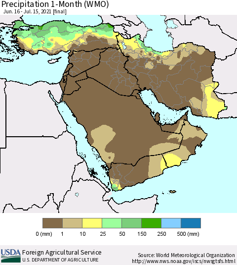 Middle East and Turkey Precipitation 1-Month (WMO) Thematic Map For 6/16/2021 - 7/15/2021