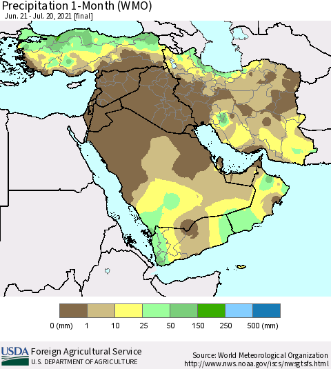 Middle East and Turkey Precipitation 1-Month (WMO) Thematic Map For 6/21/2021 - 7/20/2021