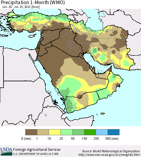 Middle East and Turkey Precipitation 1-Month (WMO) Thematic Map For 6/26/2021 - 7/25/2021