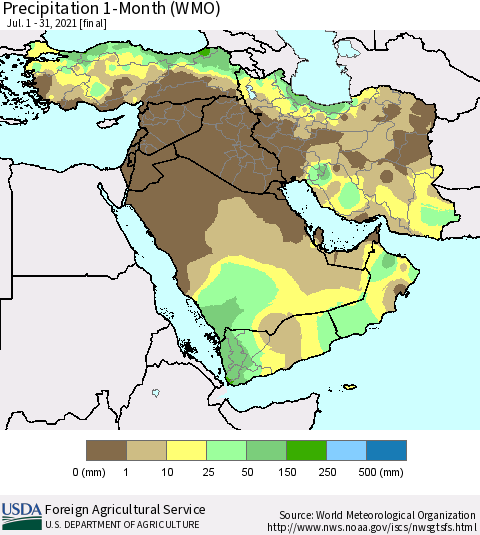 Middle East and Turkey Precipitation 1-Month (WMO) Thematic Map For 7/1/2021 - 7/31/2021