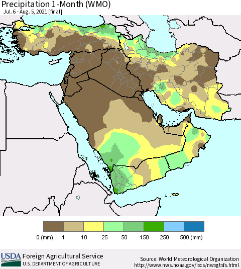 Middle East and Turkey Precipitation 1-Month (WMO) Thematic Map For 7/6/2021 - 8/5/2021