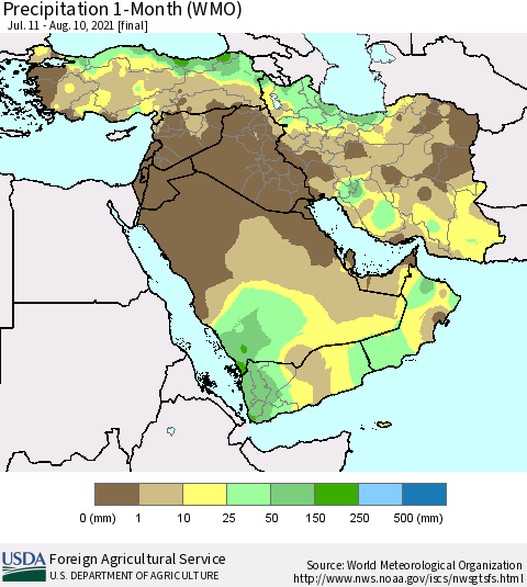 Middle East and Turkey Precipitation 1-Month (WMO) Thematic Map For 7/11/2021 - 8/10/2021