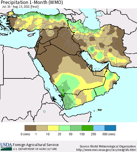 Middle East and Turkey Precipitation 1-Month (WMO) Thematic Map For 7/16/2021 - 8/15/2021