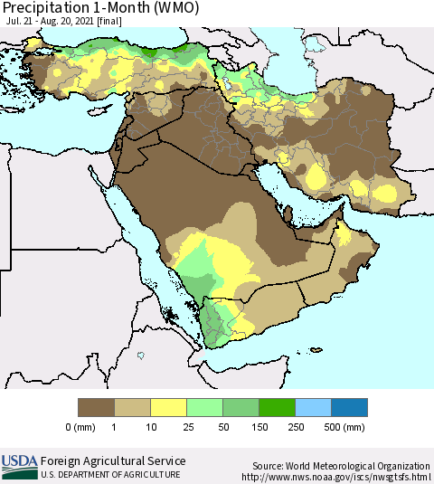Middle East and Turkey Precipitation 1-Month (WMO) Thematic Map For 7/21/2021 - 8/20/2021
