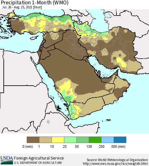 Middle East and Turkey Precipitation 1-Month (WMO) Thematic Map For 7/26/2021 - 8/25/2021