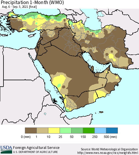 Middle East and Turkey Precipitation 1-Month (WMO) Thematic Map For 8/6/2021 - 9/5/2021